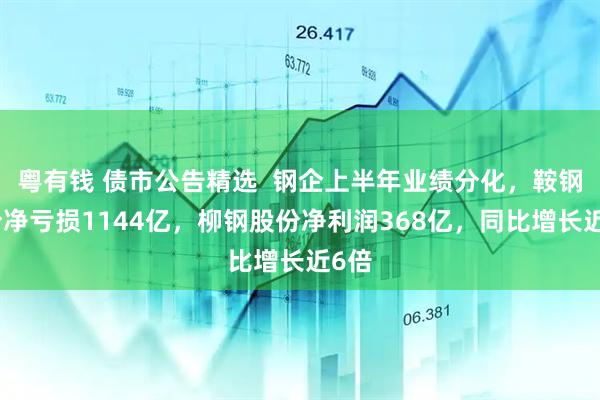 粤有钱 债市公告精选  钢企上半年业绩分化，鞍钢股份净亏损1144亿，柳钢股份净利润368亿，同比增长近6倍